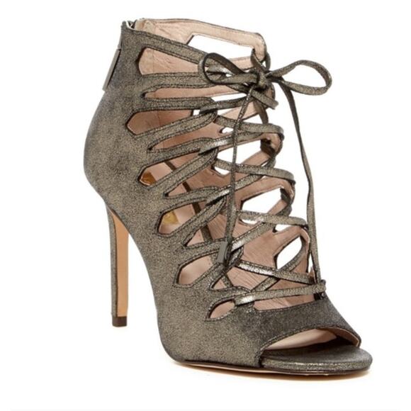 LOUISE ET CIE Caged Sandals Lo-Kacy Leather Silver Metallic Lace Up Zip 7.5 EUC - Picture 1 of 11